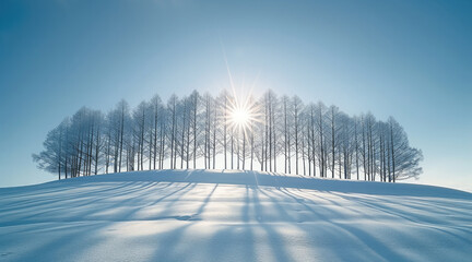 Poster - In the center of an endless white snowfield, there is a small grove with slender trees that stand tall. They form a perfect silhouette in front of the sun. The background features a blue sky.
