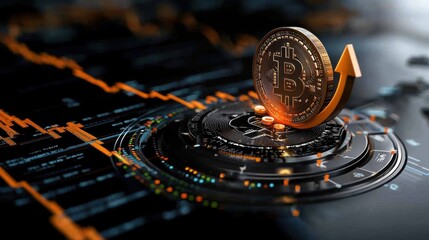 Poster - Cryptocurrency Bitcoin with Upward Arrow on Digital Financial Chart Background Illustrating Market Growth and Investment Trends
