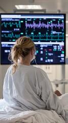 Poster - nurse monitoring patient vitals on a large display screen showing real-time health information with 