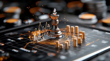Poster - chess king on digital financial chart with rising graphs and coins symbolizing strategic investment 