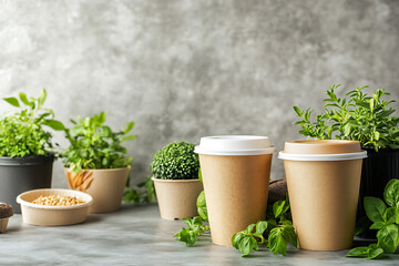 Wall Mural - Eco-Friendly Coffee Cups and Plants