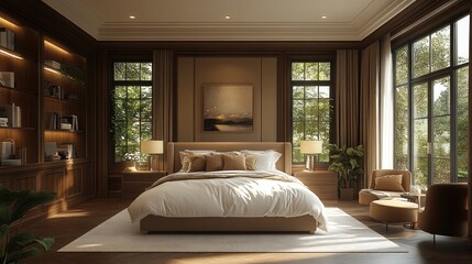 Wall Mural - Luxurious bedroom, large windows, wooden decor.