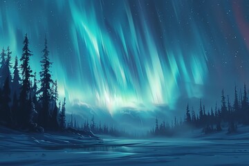Wall Mural - Vivid aurora borealis illuminating a snowy, pine forest landscape at night.