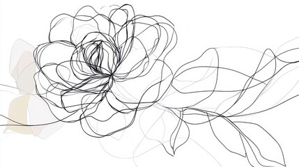 Wall Mural - a single-line drawing of a rose, its petals and leaves flowing in graceful black strokes on white.