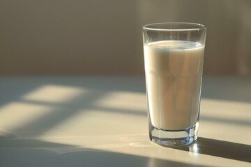 Poster - Single glass of milk sits on table with window light casting shadows across surface