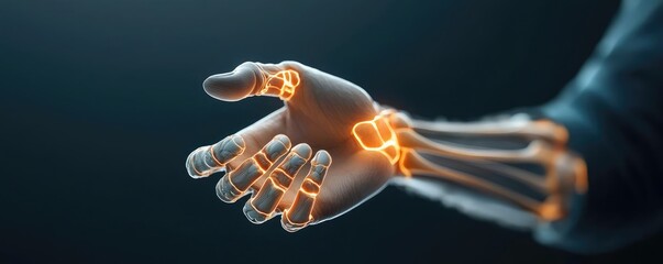 Poster - Arthritis disease idea. A futuristic robotic hand extending in a gesture of unity and innovation.