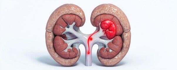Poster - Kidney disease idea. Realistic anatomical illustration of human kidneys showcasing internal structure.