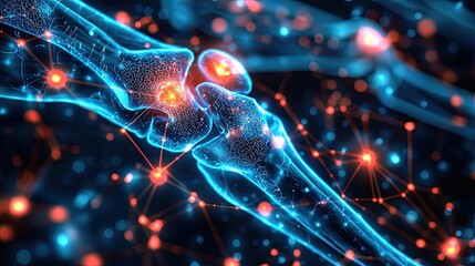 Poster - Arthritis disease idea. Detailed visualization of human joints at a cellular level with glowing connections.