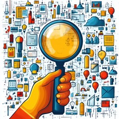 Poster - Hand holding magnifying glass over data analysis icons. (1)