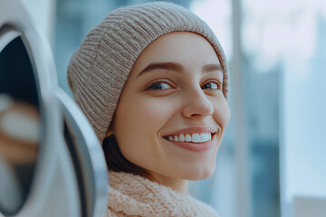 Sticker - Caucasian young woman smiling in winter outfit with knit hat