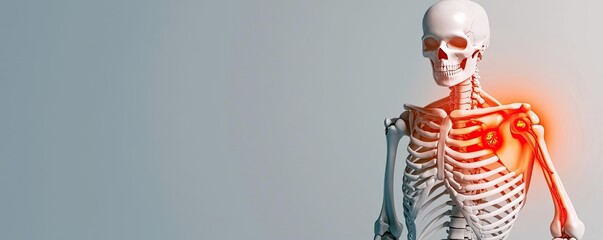 Poster - Arthritis disease idea. Anatomical representation of a human skeleton with a highlighted shoulder joint.