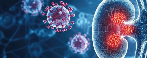 Poster - Kidney disease idea. Detailed depiction of viruses attacking human kidney cells in a medical illustration.