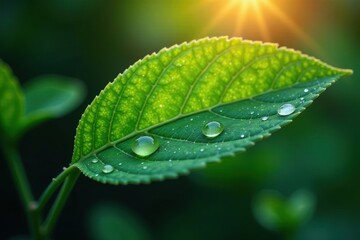 delicate leaf aglow with radiant light, showcasing intricate veins and sparkling dew drops, light, m