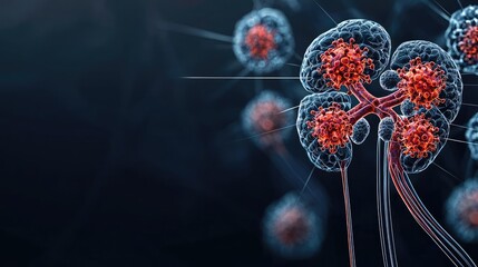 Aufkleber - Kidney disease idea. Abstract illustration of red and blue kidney cells on a dark background.