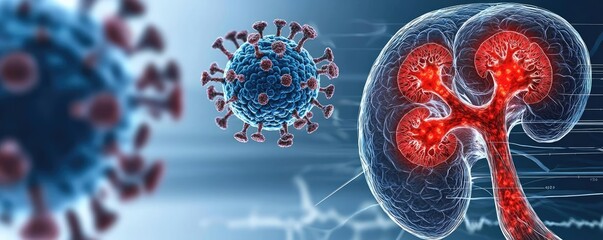 Poster - Kidney disease idea. Illustration of virus and kidney, highlighting health and medical research concepts.