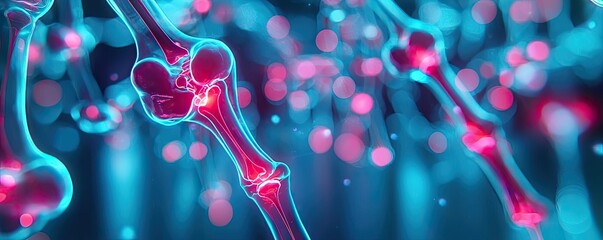 Poster - Arthritis disease idea. Detailed visualization of molecular structures in vibrant colors and glowing effects.