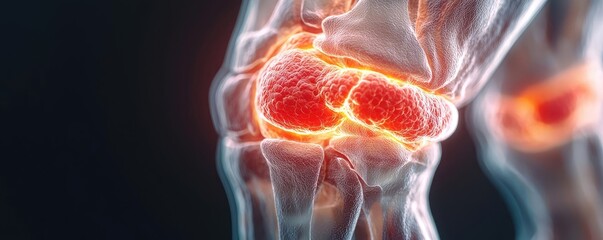 Poster - Arthritis disease idea. Detailed illustration of a human knee joint with glowing elements showcasing anatomy.