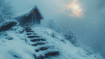 Poster - A small cabin on the side of an icy mountain, with snow-covered steps leading up to it. The sky is overcast.
