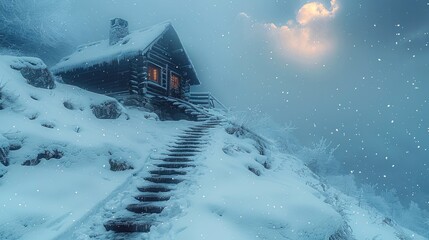 Poster - A small cabin on the side of an icy mountain, with snow-covered steps leading up to it. The sky is overcast.