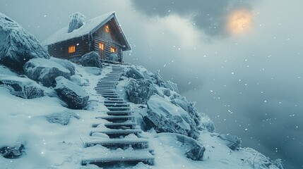 Poster - A small cabin on the side of an icy mountain, with snow-covered steps leading up to it. The sky is overcast.