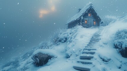 Poster - A small cabin on the side of an icy mountain, with snow-covered steps leading up to it. The sky is overcast.