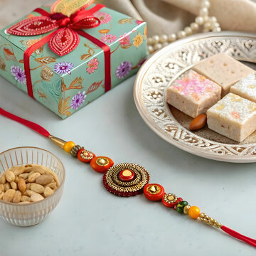 raksha bandhan greeting rakhi and gift with sweet