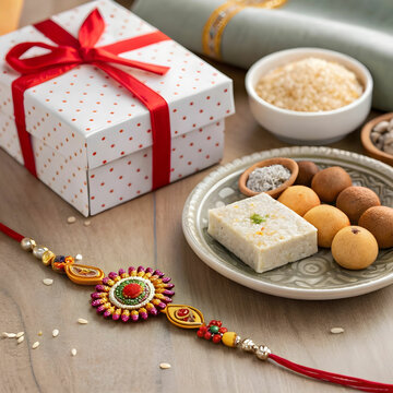 raksha bandhan greeting rakhi and gift with sweet