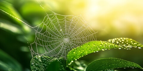 Spider web glistening on a green leaf after rain in the morning, showcasing the delicate beauty of nature s craftsmanship in the refreshing atmosphere of a morning dew.