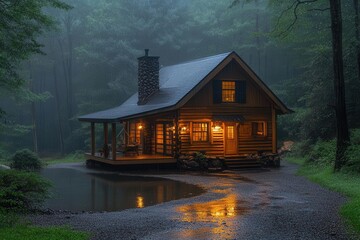 Wall Mural - charming cozy cabin nestled amid a serene rain-drenched landscape, soft light filtering through the trees, creating a warm and inviting atmosphere, radiating comfort and tranquility on a rainy day