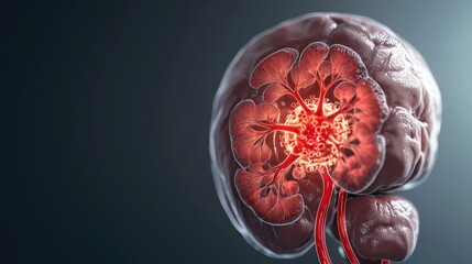 Poster - Kidney disease idea. Close-up view of a human brain showcasing intricate blood vessels and neural pathways.