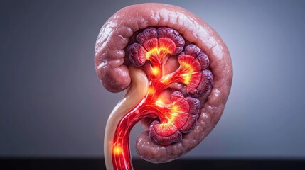 Poster - Kidney disease idea. Detailed illustration of a human kidney highlighting its internal structures and functions.