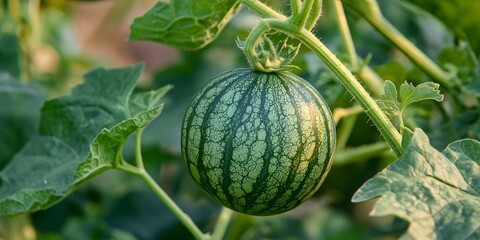 Canvas Print - A detailed view of a green watermelon that is developing on the vine, highlighting its growth and vibrant color as it continues to mature on the plant.