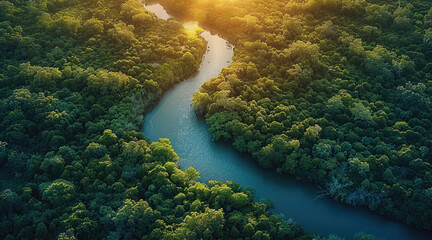 Poster - A breathtaking aerial view of a lush green forest with a winding river during golden hour.