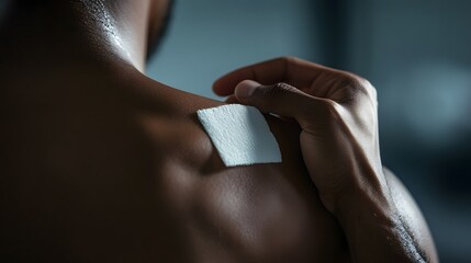 person applies a pain relief patch to shoulder while seated in well-lit room during day