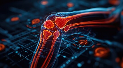 Poster - Arthritis disease idea. A detailed illustration of a human knee joint with digital enhancements and highlights.