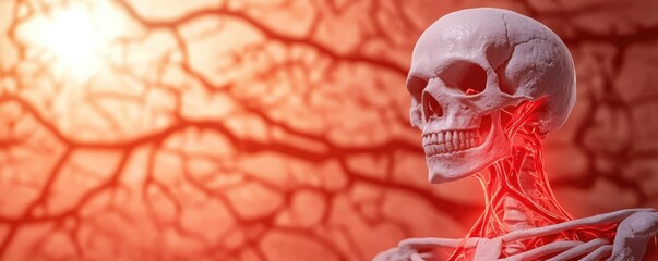 Poster - Arthritis disease idea. Human skeleton with visible anatomical features under red lighting.
