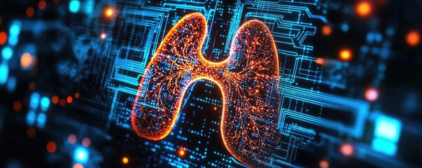 Poster - Chronic Lower Respiratory disease concept. Digital representation of lungs connected to technology in a dark environment.