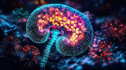 Poster - Kidney disease idea. Futuristic digital representation of a kidney with vibrant colors and intricate details.