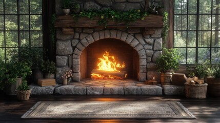 Canvas Print - Cozy stone fireplace, burning fire, forest view.