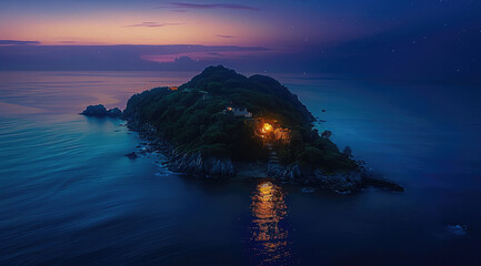 Poster - An island at night. Aerial high view.