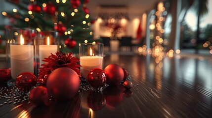 Poster - a Christmas dinner served in a modern home. Red Christmas elements stand out in the background.