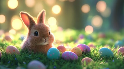 Poster - Adorable Easter Bunny Amidst Colorful Eggs In Grass