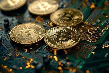Poster - Shiny bitcoins lie on a brightly lit circuit board, symbolizing the fusion of finance and technology in the digital age