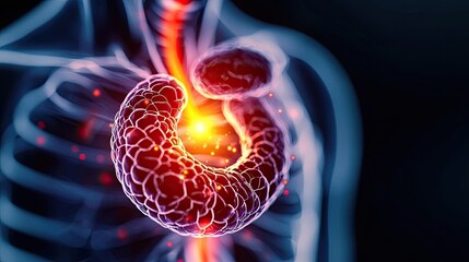 Poster - Gastroesophageal reflux disease concept. Illustration of the human stomach with glowing effects, showcasing its intricate structure.