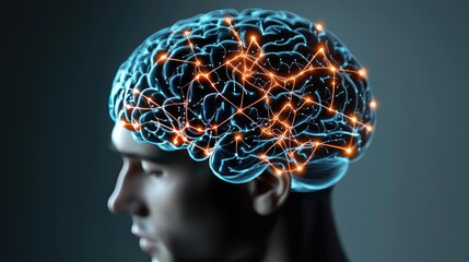 Poster - Epilepsy disease concept. Abstract representation of a human brain with neural connections illuminated.