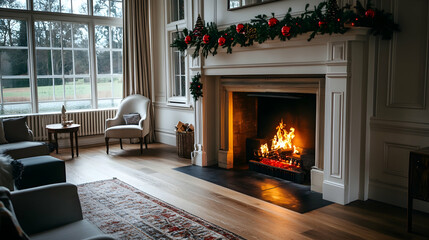 Cozy Christmas fireplace in grand manor house living room with winter garden view; holiday home interior design.