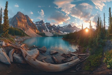 Wall Mural - Sunrise over turquoise lake and majestic mountains.