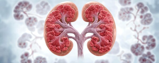 Poster - Kidney disease idea. Illustration of human kidneys highlighting anatomy and function in vibrant detail.