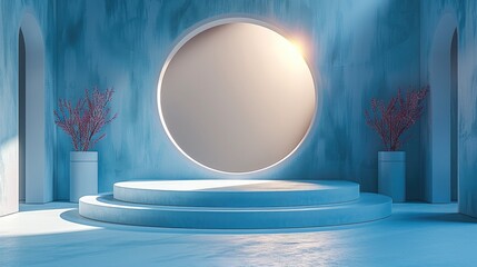 Poster - 3D render of a simple, minimalist blue and white background with two podiums. The background is blue, with light pastel colors.