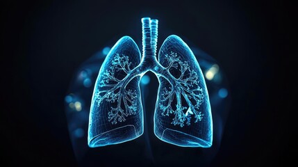 Poster - Chronic Lower Respiratory disease concept. Glowing 3D representation of human lungs on a dark background.